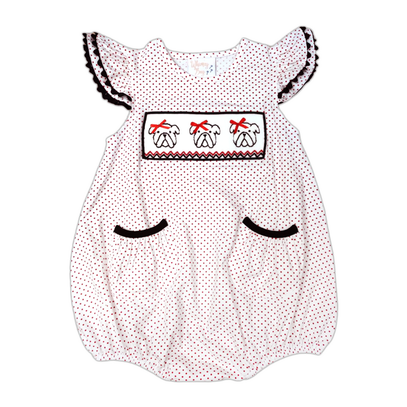 smocked bulldogs kids outfit bubble for football season Baby bubble romper with polka dot pattern and embroidered design on a white background