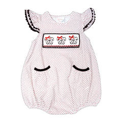 smocked bulldogs kids outfit bubble for football season Baby bubble romper with polka dot pattern and embroidered design on a white background