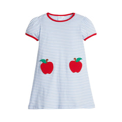 Striped dress with red trim and apple appliqués on a white background