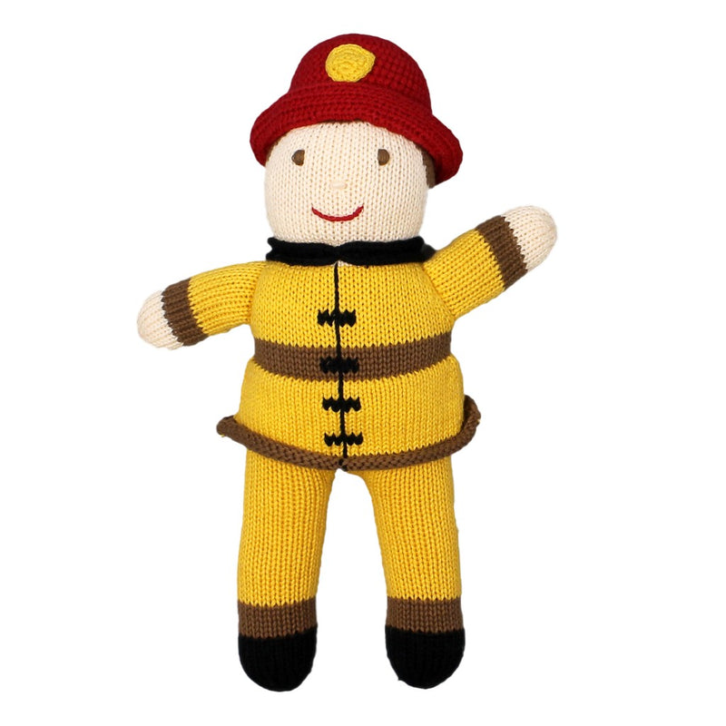 zubels Knitted toy fireman doll rattle on a white background